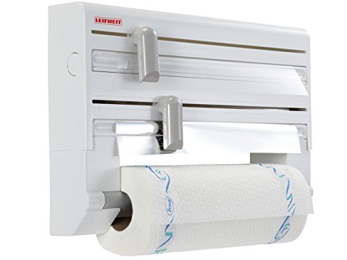 Leifheit Dérouleur mural Parat ComfortLine, dérouleur mural cuisine pour 3 rouleaux, support de rangement avec lames tranchantes, dévidoir en ABS