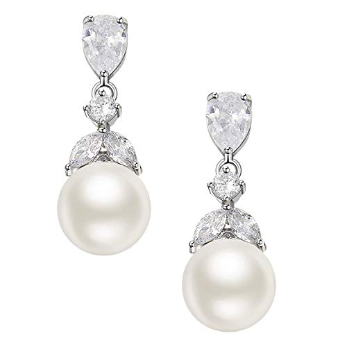 SWEETV Cubic Zirconia Pearl Drop Wedding Earrings for Brides, Ivory Camellia Bridal Pearl Earrings for Bridesmaid Jewelry Gift