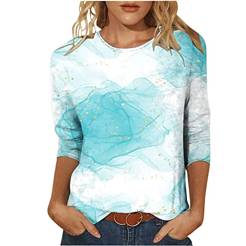 Swim Shirt Women 3/4 Sleeve Tops Cute Trendy 2023 Spring Shirts Graphic Tees Casual Regular Fit Crewneck Marble Print Blouse
