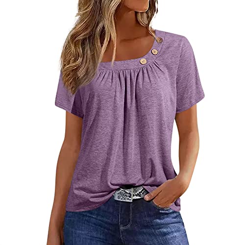 Tops for Women Trendy,Summer Tops for Women Solid Color O-Collar Short Sleeve Button Shirts Fashion Pleated Lightweight Elegant Top 3/4 Length Sleeve Womens Tops