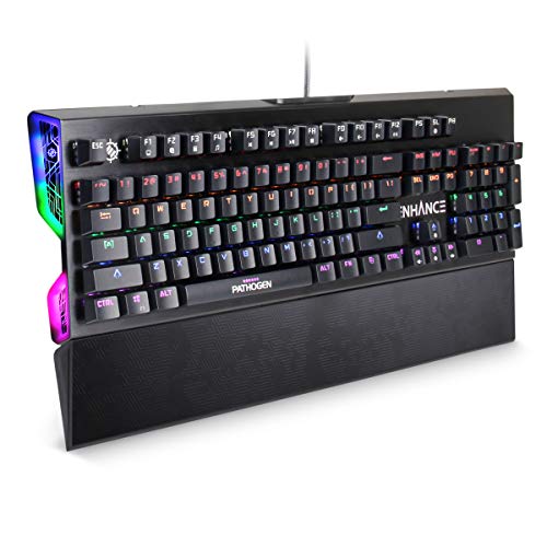 ENHANCE Pathogen Gaming Keyboard - Blue Switch Mechanical Keyboard with Fast 0.2ms Polling, Water & Dust Resistant, NKRO & Anti-Ghosting, Removable Wrist Rest, Ergonomic Keyboard Rainbow LED 9 Effects