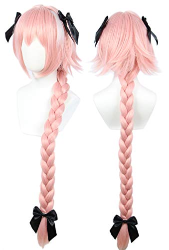 Linfairy Long pink Cosplay Wig with 3 Bowknot Halloween Costume Wig for Women Braid Hair 95CM