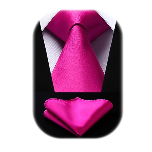 Mens Solid Pink Tie Classic 3.4' width Necktie and Pocket Square Set with Gift Box by HISDERN,Deep Pink,One Size