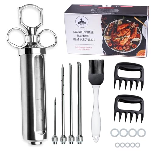 Iron Grillers Professional Meat Injector Syringe Kit for Smoking & Grilling Turkey, Brisket, Chicken, & Pork, Unbreakable Stainless Steel, No Leaks or Clogs, Large 2 Oz Capacity + BBQ Accessories