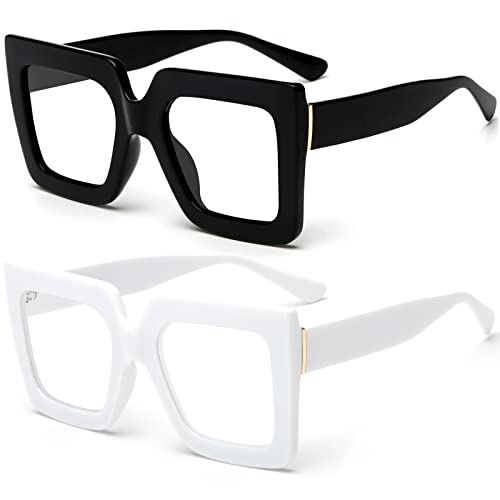 Breaksun Oversized Blue Light Glasses for Women Fashion Thick Square Computer Eyewear Non-Prescription Black Glasses (New Black+ White)