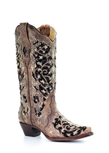 Corral Women's Black Inlay Floral Embroidery Studs Leather Cowgirl Boots - Brown