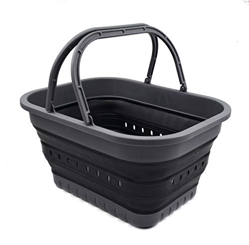 SAMMART 19L (5 Gallon) Collapsible Tub with Handle - Portable Outdoor Picnic Basket/Crater - Foldable Shopping Bag - Space Saving Storage Container (Grey/Black)