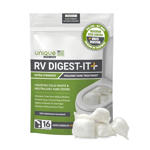 Unique RV Digest-It+, Extra-Strength Black Tank Treatment for RVs - Drop-In Pod RV Toilet Treatment, Eliminates Odor, Liquefies Waste, Prevents Sensor Misreading, CA Compliant (16 Pods)