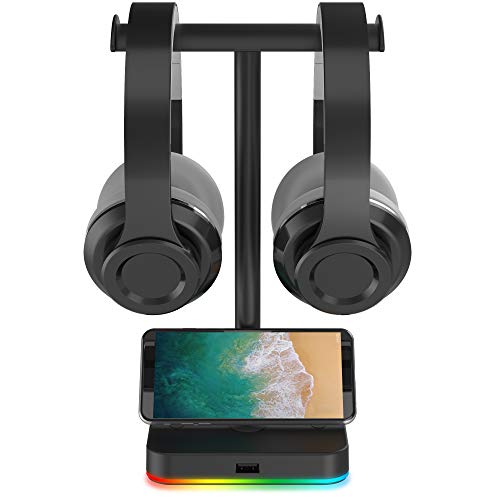 KAFRI RGB Dual Headphone Stand with USB Hub Desk Gaming Double Headset Holder Hanger Rack with 1 USB2.0 Extension Charging Port Extender Cord - Suitable for Gamer Desktop Table Game Earphone