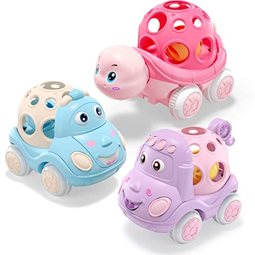 Baby Girl Toy Cars for Babies, Pink Car Toys for Baby Girls Gifts, Toy Car for Infant Toddler Girl, Push and Go Trucks Rattles Soft Rattle Car for Toddlers Infants Gift