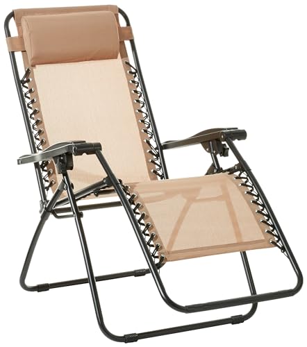 Amazon Basics Outdoor Textilene Adjustable Zero Gravity Folding Reclining Lounge Chair with Pillow, 26', Beige