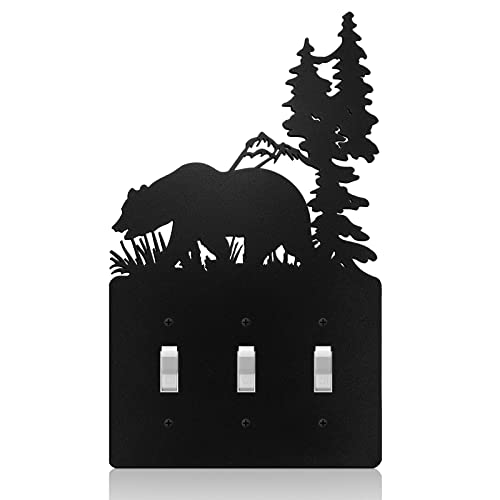 Metal Bear Light Switch Cover Moose Tree Mountain Elk Black Light Switch Plate Forest Outlet Cover Toggle Light Switch Wall Plate Cover for Home Bedroom (Triple Toggle)