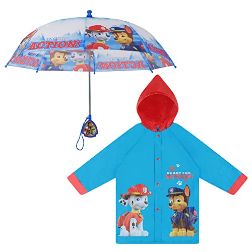 Nickelodeon Kids Umbrella and Poncho Raincoat Set, Paw Patrol Boys Rain Wear for Toddler 2-3 or Kids 4-7
