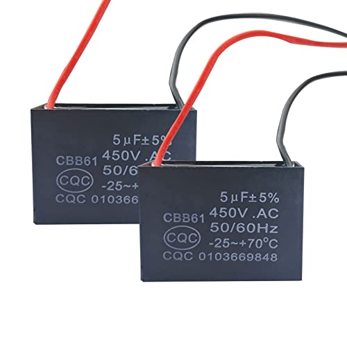 CBB61 Ceiling Fan Capacitor 2 Wire 5uf Compatible with 400/350/300/250VAC Fan Capacitor 50/60Hz CBB61-5（2 Pack）