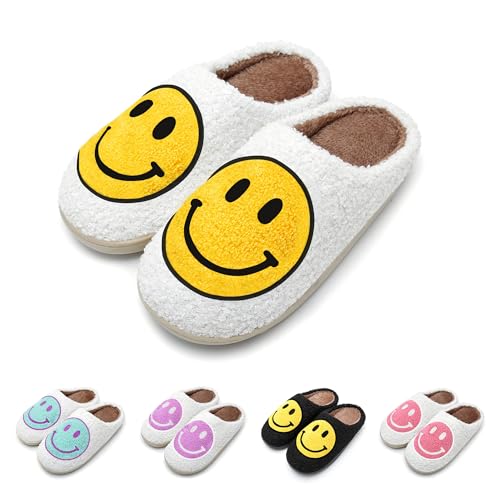 WELLNESSICA Happy Face Slippers Soft Plush Comfy Warm Faux Fur with Memory Foam, Preppy Winter Slides Non-Slip Flat Smile Face Slippers for Women, Men & Kids, Retro White & Yellow, 8.5 Wide