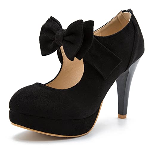 Women's Bow Mary Jane High Heels Closed Toe Platform Vintage Dress Pumps Black Label Size 38 - US 8