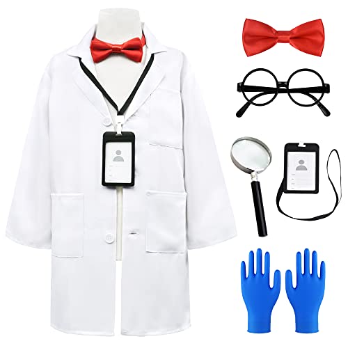 ZZIHAN Scientist Costume for Kids Lab Coat Costume Mad Scientist Doctor Costume with Magnifying Glass Goggles Experiment Gloves Bow Tie Toddlers Boys Girl Birthday Party Halloween Dressing Up 7-8Years