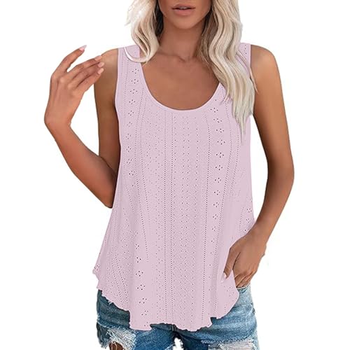 Womens Tank Tops Sleeveless Eyelet Embroidery Scoop Neck Loose Fit Casual Summer Flowy Shirts 2024（Red a,Small