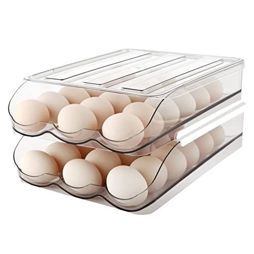 MesRosa Egg Holder , Automatically Rolling Egg Storage Container for Refrigerator,Large Capacity Organizer for Fridge with Lid,Clear Plastic Egg Dispenser, Tray & Bin -2 Layer