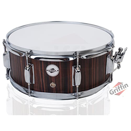 Snare Drum by GRIFFIN | 14' x 5.5' Black Hickory PVC & Coated Head on Poplar Wood Shell | Acoustic Marching Percussion Instrument Set, Drummers Key, 8 Metal Tuning Lugs & Snare Strainer Throw Off Kit