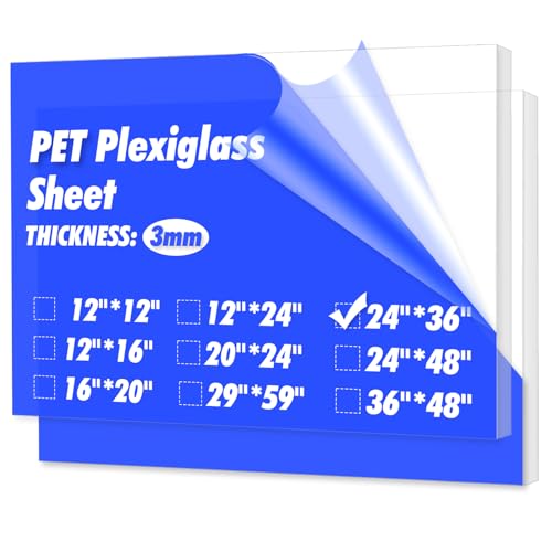 Art3d (2 Pack) 1/8' Thick Plexiglass Sheets - 36' x 24' PET Clear Acrylic Sheets for Art Design，Craft Projects, Signs, DIY in Home, Wedding, Festival,Party,Office