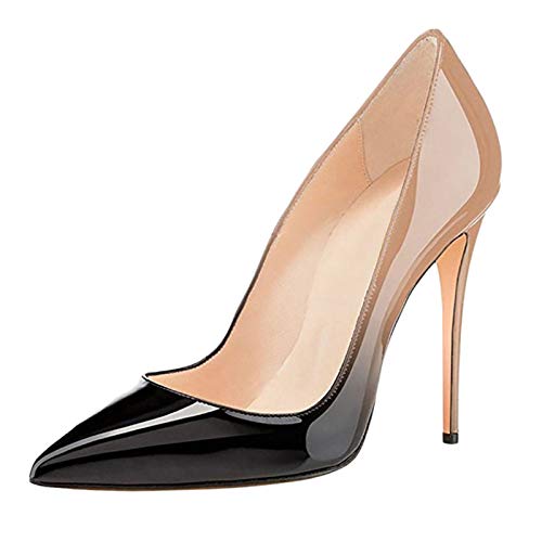 COLETER Pointy Toe Pumps for Women,Patent Gradient Animal Print High Heels Usual Dress Shoes Nude Black 10cm-NB 7.5 US