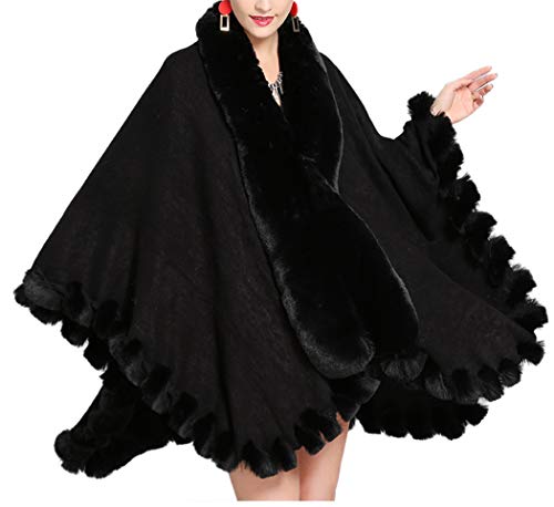 Tngan Faux Fox Fur Trim Cardigan Cloak Shawl Wraps Winter Poncho Oversized Cape Black