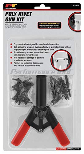 Performance Tool W2005 One-Handed Poly Rivet Gun Kit with Long Stem Riveter, Black and Red (41pc)