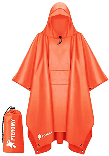 PTEROMY Hooded Rain Poncho for Adult with Pocket, Waterproof Lightweight Unisex Raincoat for Hiking Camping Emergency (Orange)