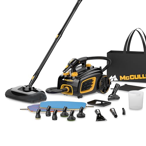 McCulloch MC1375 Canister Steam Cleaner with 20 Accessories, Extra-Long Power Cord, Chemical-Free Cleaning for Most Floors, Counters, Appliances, Windows, Autos, and More, 1-(Pack), Black