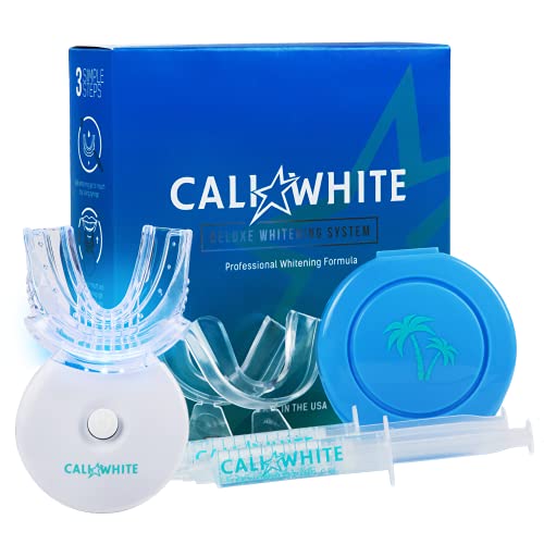 Cali White Teeth Whitening Strip Kit with LED Light + Batteries - Organic Peroxide Teeth Whitening Gel - Set of White Strips for Teeth Whitening - 2x5ml Syringes, Thermoform Whitening Kit Trays & Case