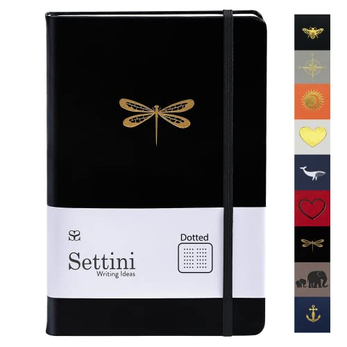 SETTINI Hardcover Journal Notebook - Gift for Women and Men - Faux Leather, Elastic Closure, Bookmark, Inner Pocket. Lay Flat, Classic Writing Notebook (Dotted- Black Dragonfly)