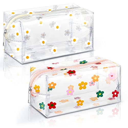 Amylove 2 Pack Cute Flower Makeup Bags Floral Cosmetic Bag Daisy Zippered Pouches Portable Toiletry Bags for Women Travel Vacation Bathroom Organizing (Daisy)