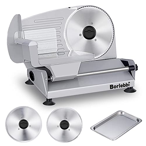 Meat Slicer, 200W Electric Food Slicer with 2 Removable 7.5' Stainless Steel Blades and Stainless Steel Tray, Child Lock Protection, Adjustable Thickness, Food Slicer Machine for Meat Cheese Bread
