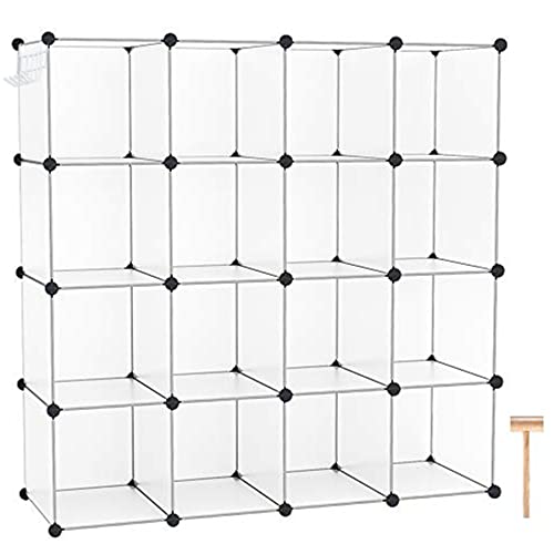 C&AHOME Cube Storage Organizer, 16-Cube Shelves Units, Closet Cabinet, DIY Plastic Modular Book Shelf, Ideal for Bedroom, Living Room, Office, 48.4' L × 12.4' W × 48.4' H Transparent White