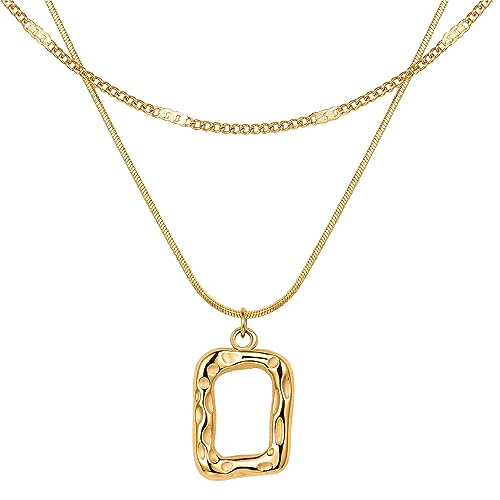 Evabelle Gold Layered Necklace for Women Girls Trendy Jewelry 14K Real Gold Plated Chunky Chain Stackable Necklaces Dainty Choker Necklaces Rectangle Square Necklace Gifts (Gold Square)