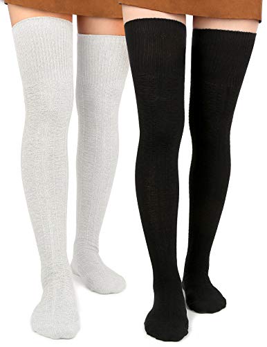 Moon Wood Womens Thigh High Socks Knitted Long Tall Over the Knee Socks Winter Warm, Black, White