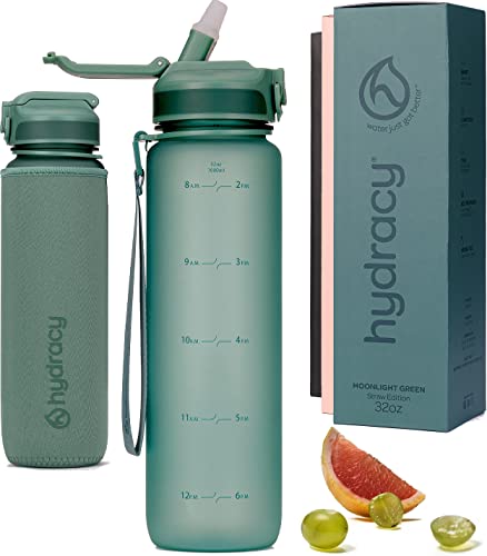 Hydracy Water Bottle with Times to Drink & Straw - Large 32 Oz BPA Free Motivational Bottle & No Sweat Sleeve -Leak Proof Gym Bottle with Time Marker - Ideal Gift for Fitness, Sports & Outdoors