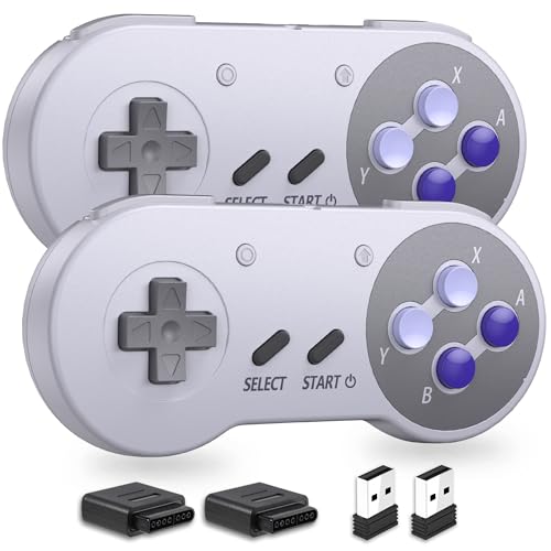 2.4 GHz Wireless SNES Switch Online Controller, SNES & USB Receiver, Compatible with Switch/Switch OLED, PC, Mac OS, Android, Steam, Raspberry Pi, SNES (Rechargeable) (Plug and Play) (2 Pack Purple)