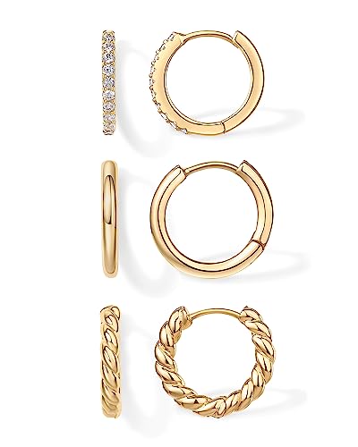 PAVOI 18K Yellow Gold Plated 925 Sterling Silver Posts 3 Pairs Small Hoop Earrings Set | Cubic Zirconia Plain Rope Huggie Hoops for Women | Lightweight Earrings Pack