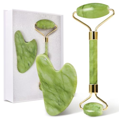 huefull Gua Sha Facial Tools & Jade Roller Set for Skin Care, Reduce Puffiness and Improve Wrinkles, Guasha Tool for Face, Gua Sha Stone Self Care Gift for Woman Man, Mother's Day Gift