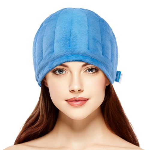 NEWGO Microwave Heating Pad for Head Tension Headache Migraine Relief Hat, Migraine Head Wrap for Sinus Pressure Relief Blue