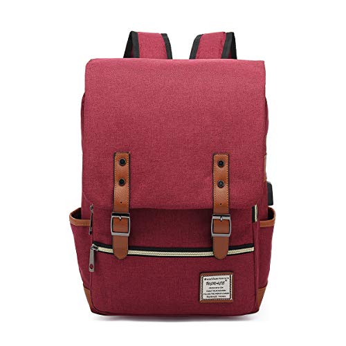 UGRACE Vintage Laptop Backpack with USB Charging Port, Elegant Water Resistant Travelling Backpack Casual Daypacks College Shoulder Bag for Men Women, Fits up to 15.6Inch Laptop in Red
