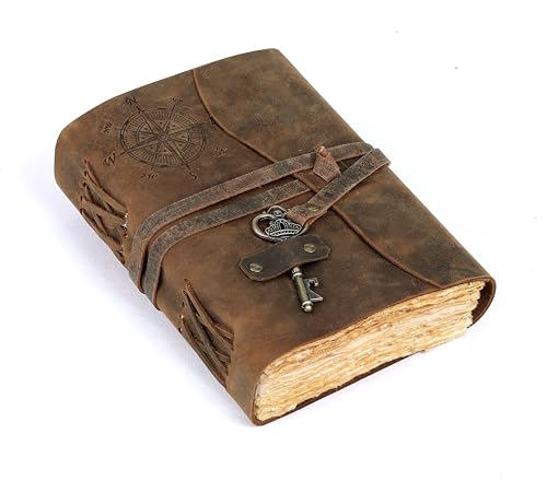 cuero Compass Vintage Leather Journal Antique Handmade Bound Journal with Deckle Edge Paper Diary Leather Sketchbook Drawing Journal Notebook Great Gift Men & Women (6X8 Inch)