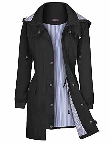 Bloggerlove Womens Rain Jacket Waterproof Lightweight Raincoat Long Hooded Outdoor Hiking Jackets Black L