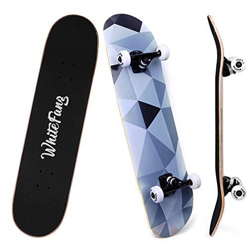 WhiteFang Skateboards, Complete Skateboard 31 x 7.88, 7 Layer Canadian Maple Double Kick Concave Standard and Tricks for Kids and Beginners (Diamond)