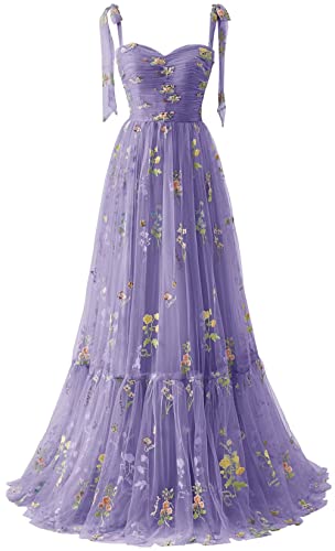 Wchecalino Lavender Long Prom Dresses 2024 for Teens Fair Flower Embroidery Tulle Spaghetti Straps A-Line Formal Evening Party Gowns 10