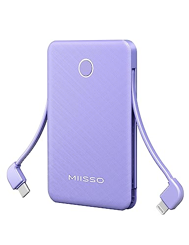 6000mah Ultra Slim Built in Cables Power Bank, Card Size Built in USB C Cords Battery Pack Portable Charger for Phones, 3 Output External Battery Pack Compatible with iPhone, Samsung, Google, Purple