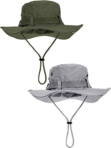 Boao 2 Pieces Sun Hats for Men Women Wide Brim Safari Bucket Hat Boonie Hat UV Protection Fishing Hiking Summer(Arm Green, Light Grey)
