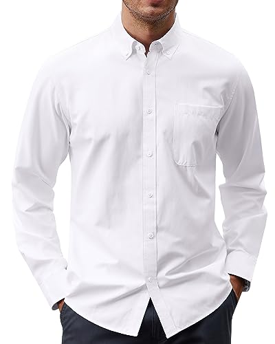 J.VER Mens Oxford Dress Shirts Regular Fit Long Sleeve Button Down Collar Shirt with Pocket A-White X-Large